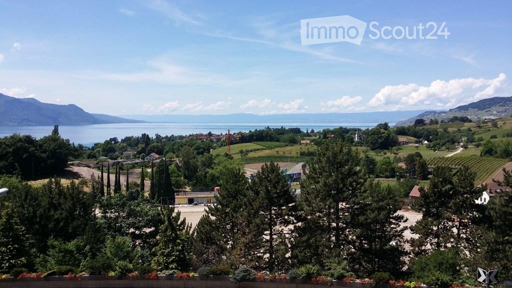 Panoramic view of a lake and surrounding landscape from a balcony or terrace, with trees and buildings in the foreground.