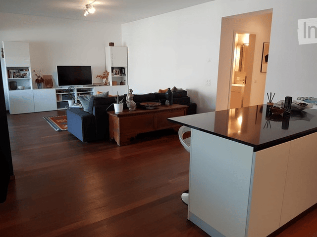 Modern living room with hardwood floors, white walls, and a black sofa. Features include a coffee table, television, bookshelf, and decorative vases.