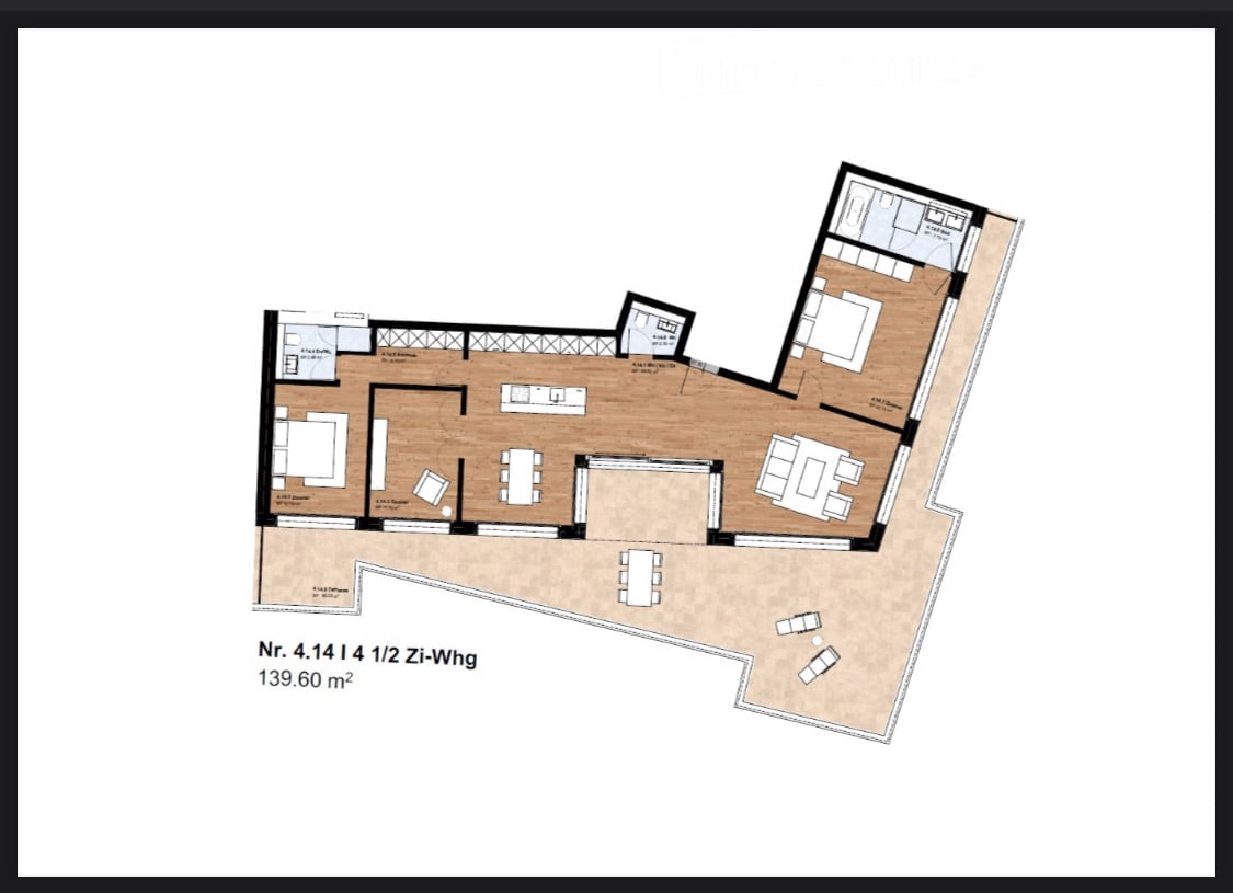 Floor plan of a 139.60 m² apartment with multiple rooms including living area, bedrooms, bathrooms, and kitchen.