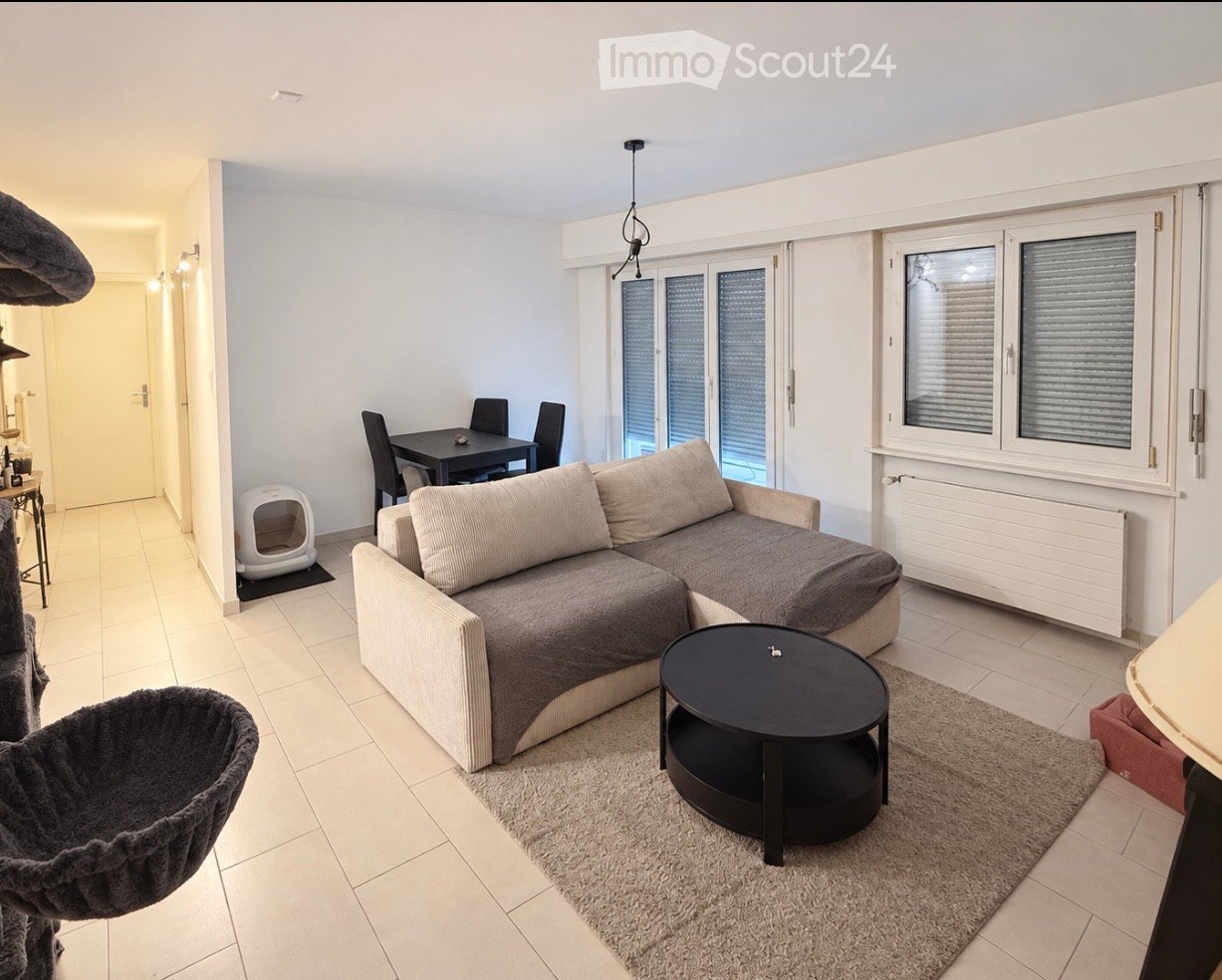 Modern living room with a grey sectional sofa, black coffee table, dining table with chairs, and a cat litter box. The room features large windows, tiled flooring, and a cozy rug.