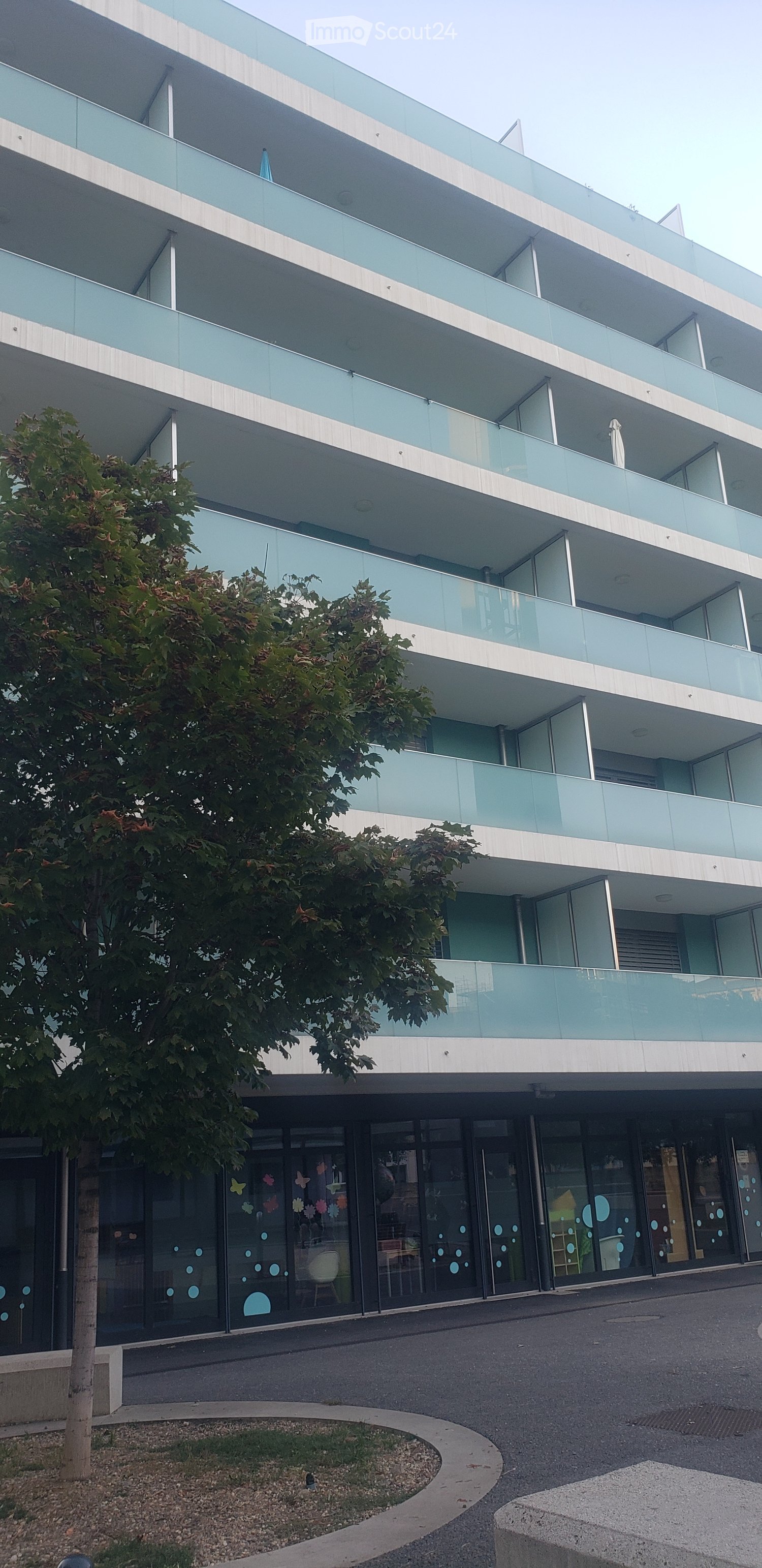 Modern multi-story building with glass balconies and a tree in front.