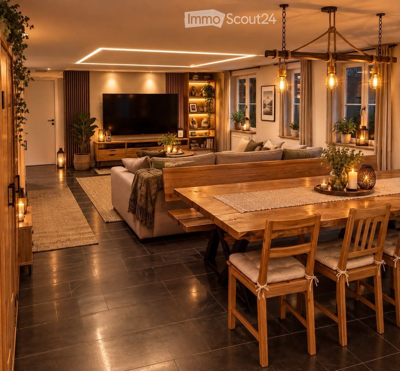Modern living and dining area with a large sofa, coffee table, dining table with chairs, television, floor lamp, and decorative plants.
