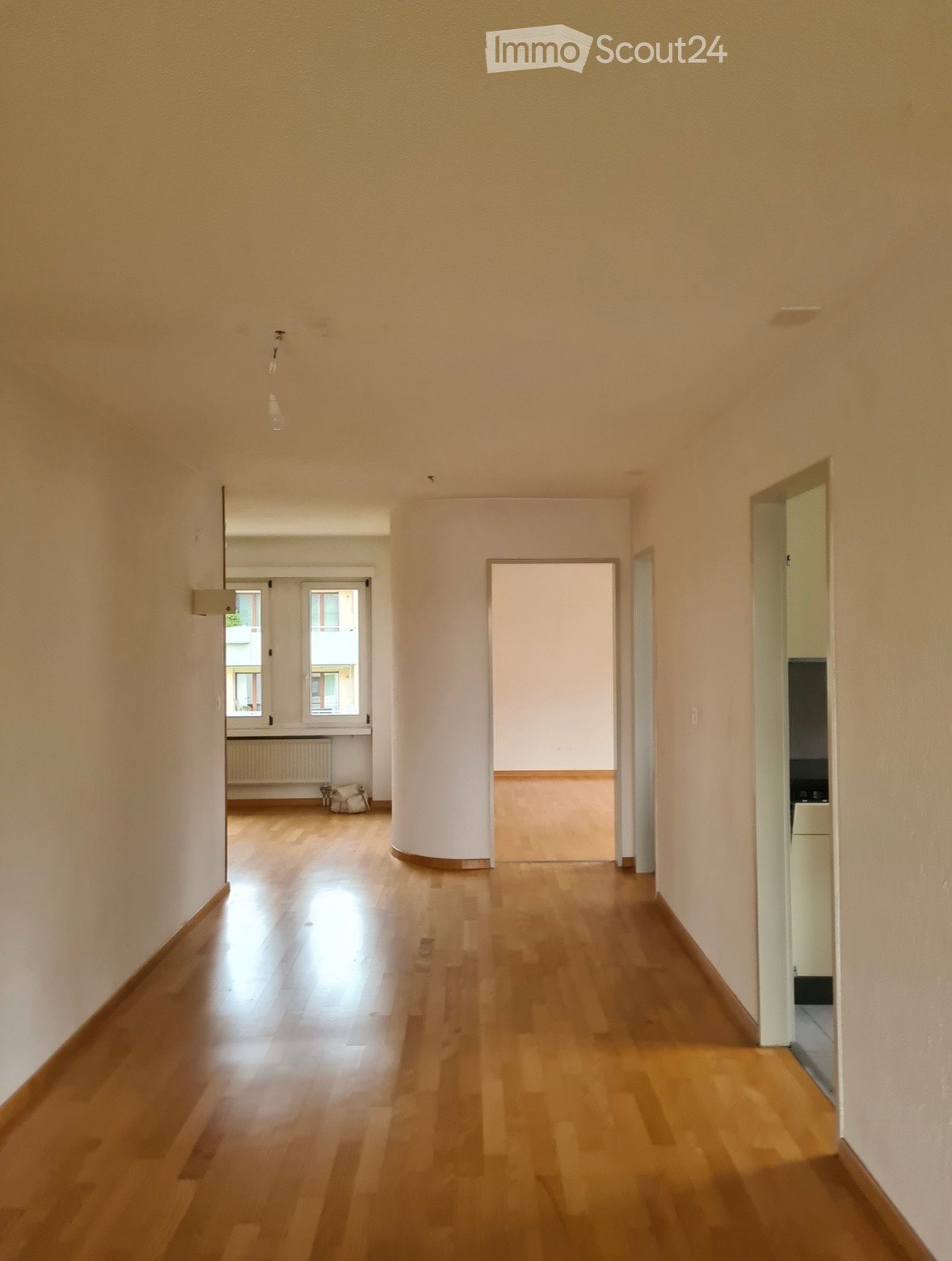 Empty hallway with wooden flooring, light-colored walls, and several doors leading to other rooms.