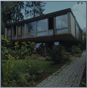 Modern two-story house with large windows, a balcony, and a well-maintained garden with sunflowers and shrubs.