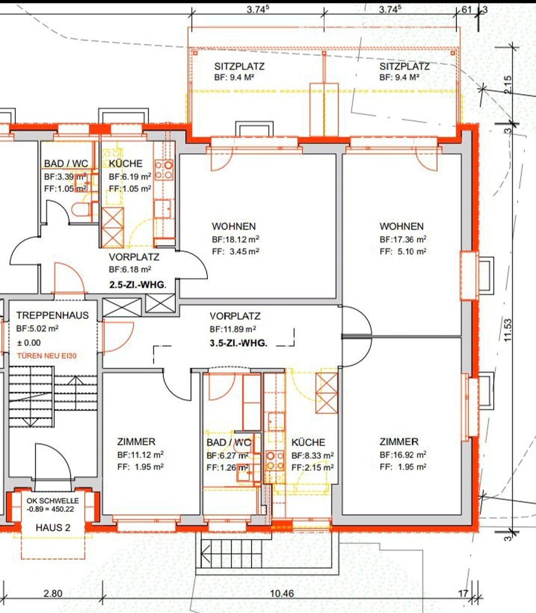 Floor plan of a multi-unit residential building showing two apartments: a 2.5-room unit and a 3.5-room unit, each with labeled rooms including living areas, bedrooms, bathrooms, and kitchens.