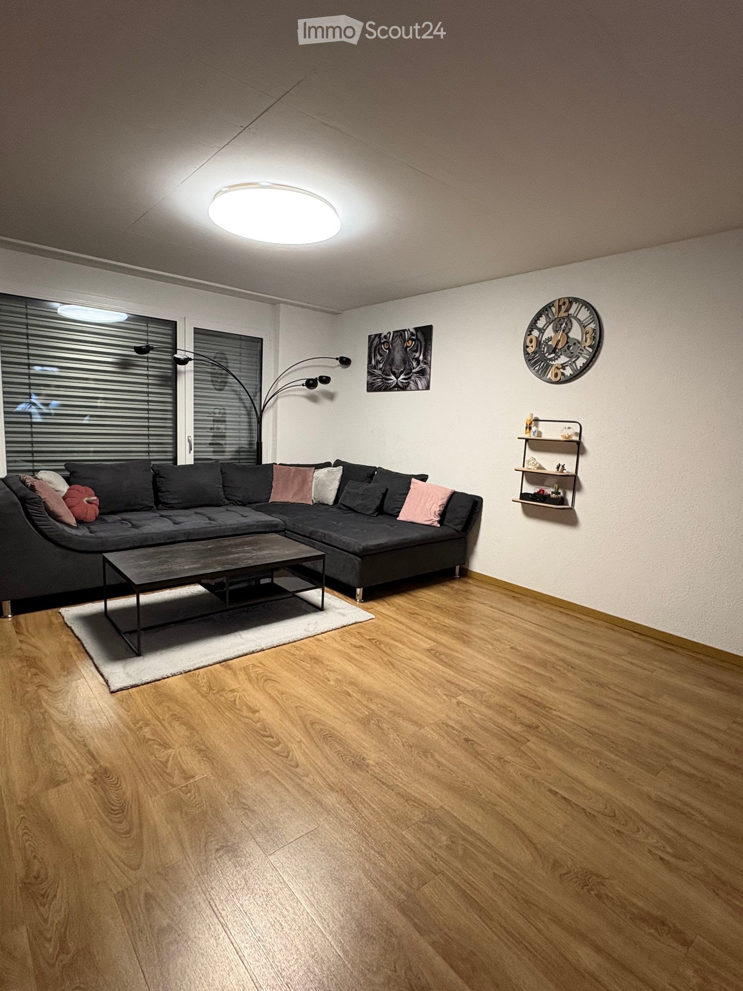 Modern living room with a dark grey sectional sofa, coffee table, floor lamp, wall clock, and small shelf with decorative items.