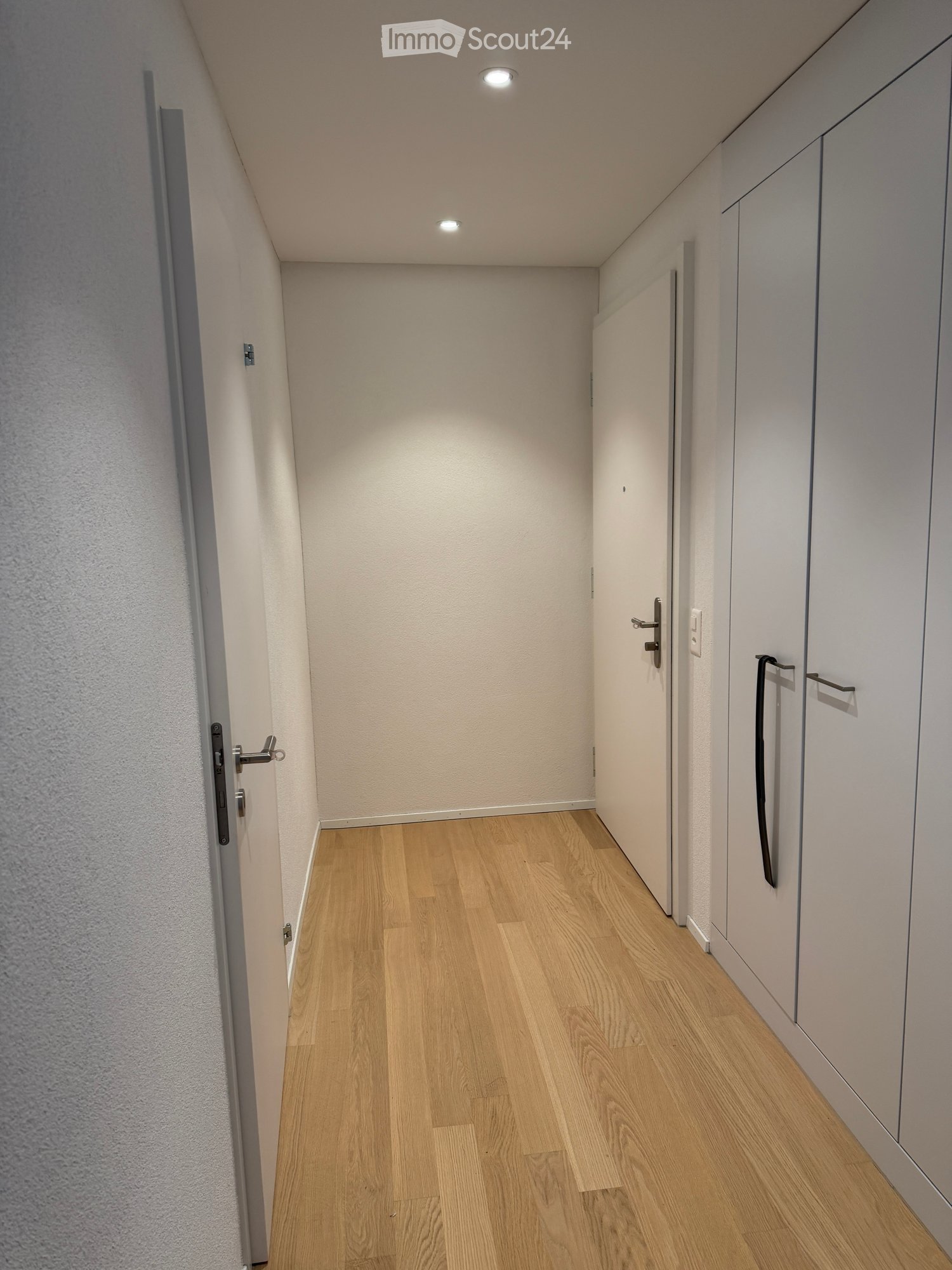 A narrow hallway with light wooden flooring, white walls, and built-in white cabinets on one side. The hallway features recessed ceiling lights and a closed door at the end.