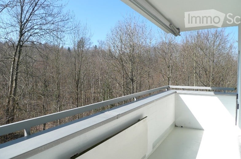 Balcony with white railing and a view of a forested area with bare trees.