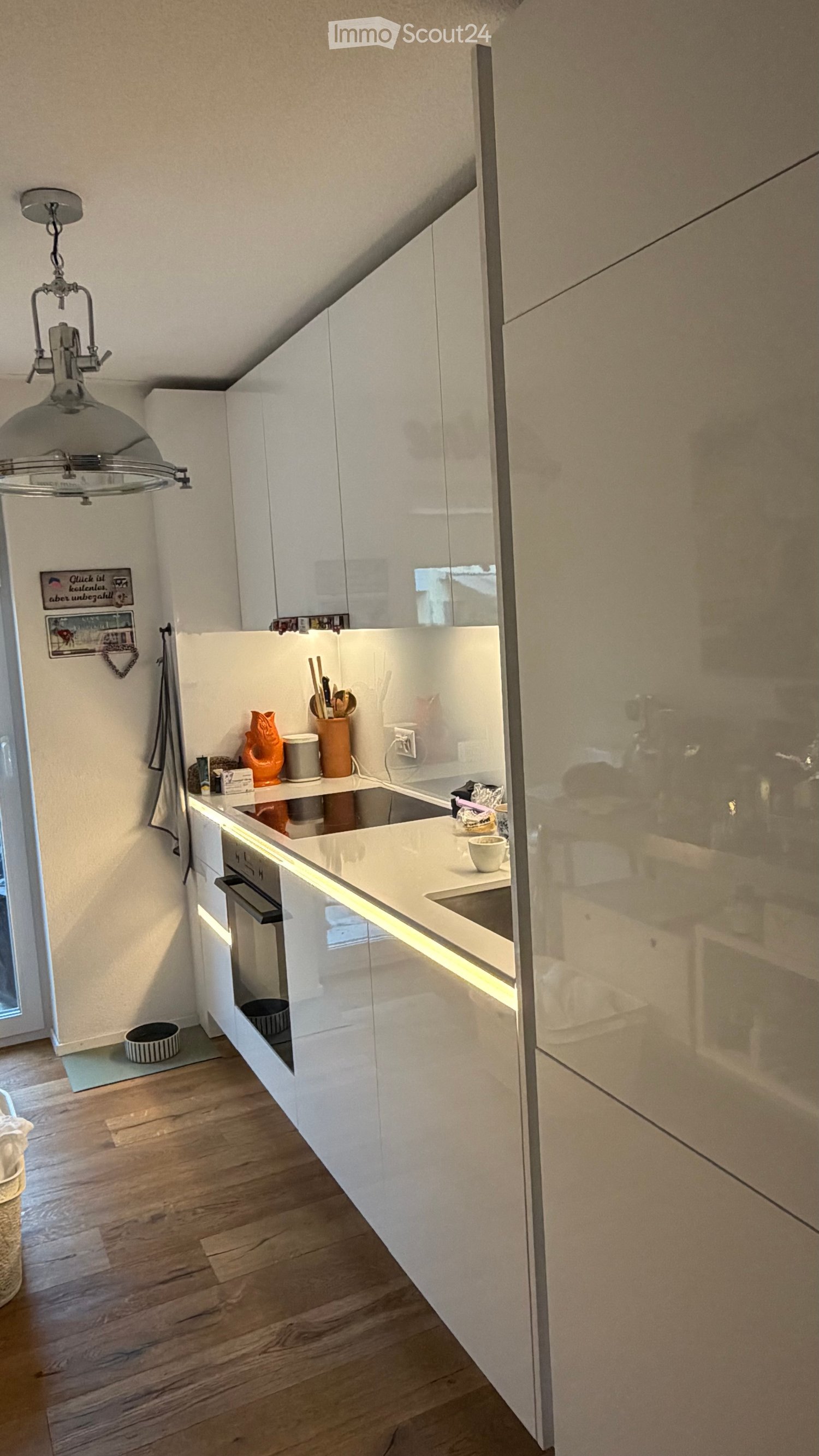 Modern kitchen with white cabinets, a central island, and a hanging light fixture. The island features a sink, a cup, and a bowl, with a small dog bowl on the floor. The cabinets have sleek, contemporary design with integrated lighting.