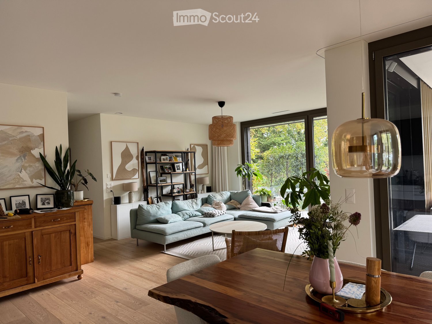 Bright living room with light blue sofa, wooden coffee table, dining table, chairs, cabinet, shelves, and decorative plants.
