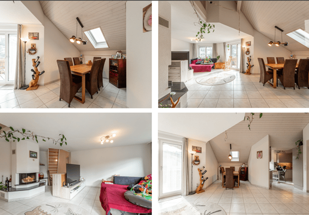 Four images show a modern, well-furnished attic apartment with a dining area, living room, and kitchen. The dining area features a wooden table and chairs, the living room has a sofa, TV, and fireplace, and the kitchen includes cabinets and a small dining