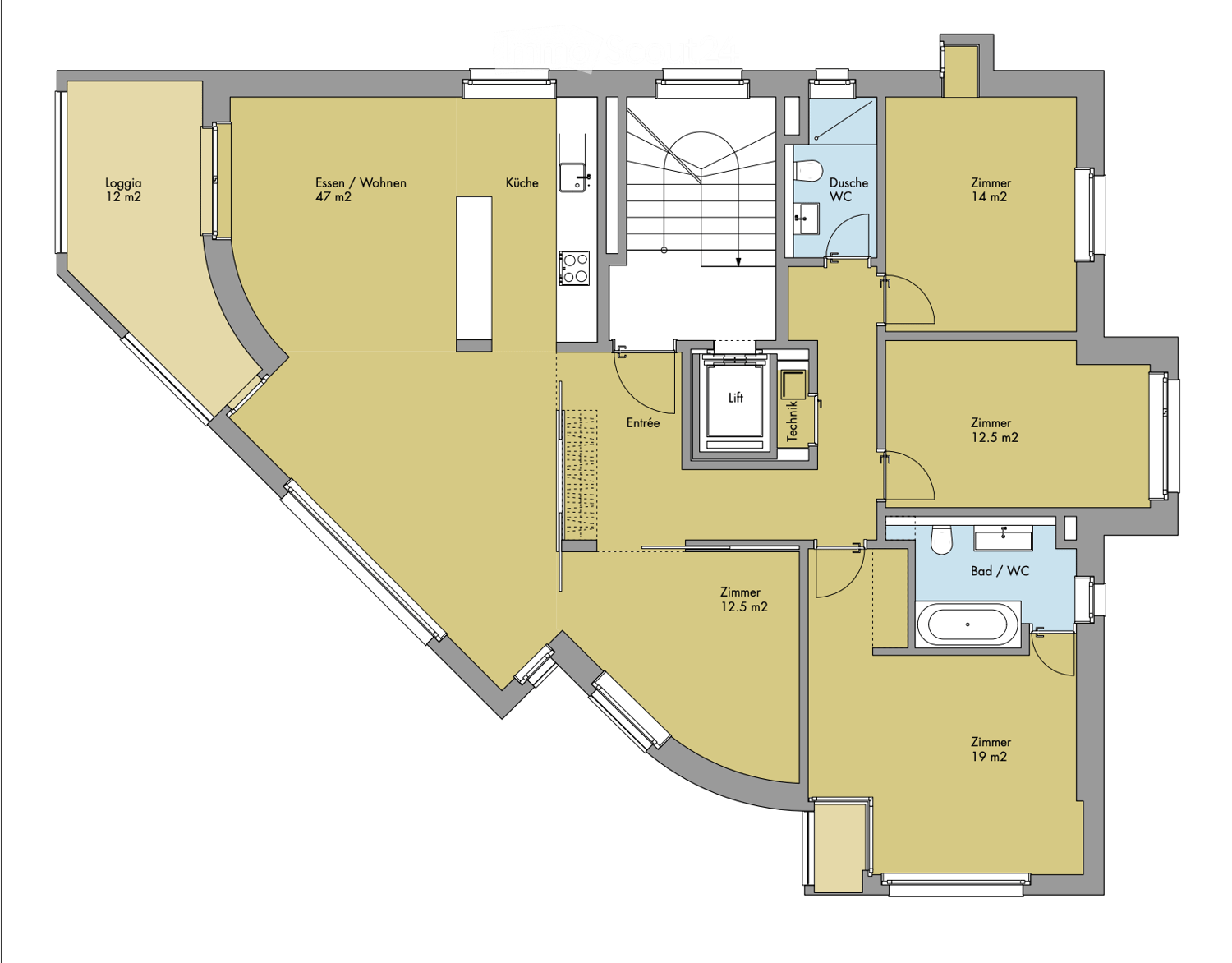 Floor plan showing a loggia, living/dining area, kitchen, entrance, lift, technical room, three bedrooms, and two bathrooms.