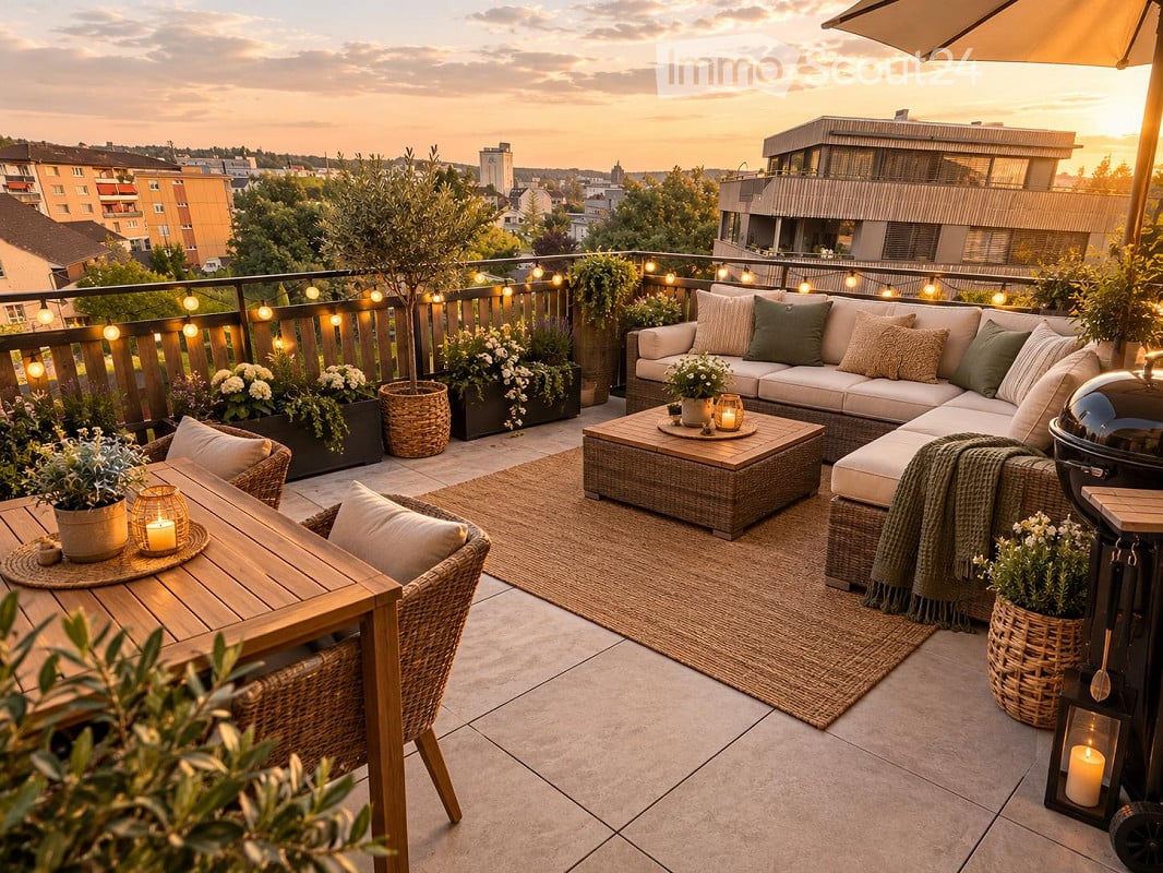 A modern rooftop terrace with a sectional sofa, coffee table, dining table, chairs, candles, and potted plants, overlooking a cityscape at sunset.