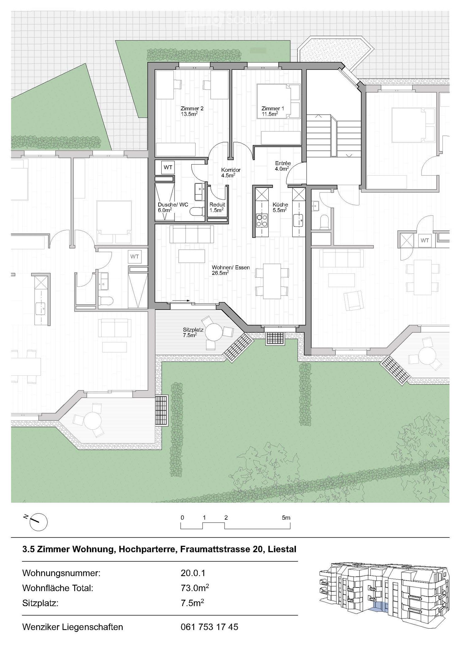 Floor plan of a 3.5-room apartment with a raised ground floor, featuring two bedrooms, a living/dining area, kitchen, bathroom, and outdoor seating area.
