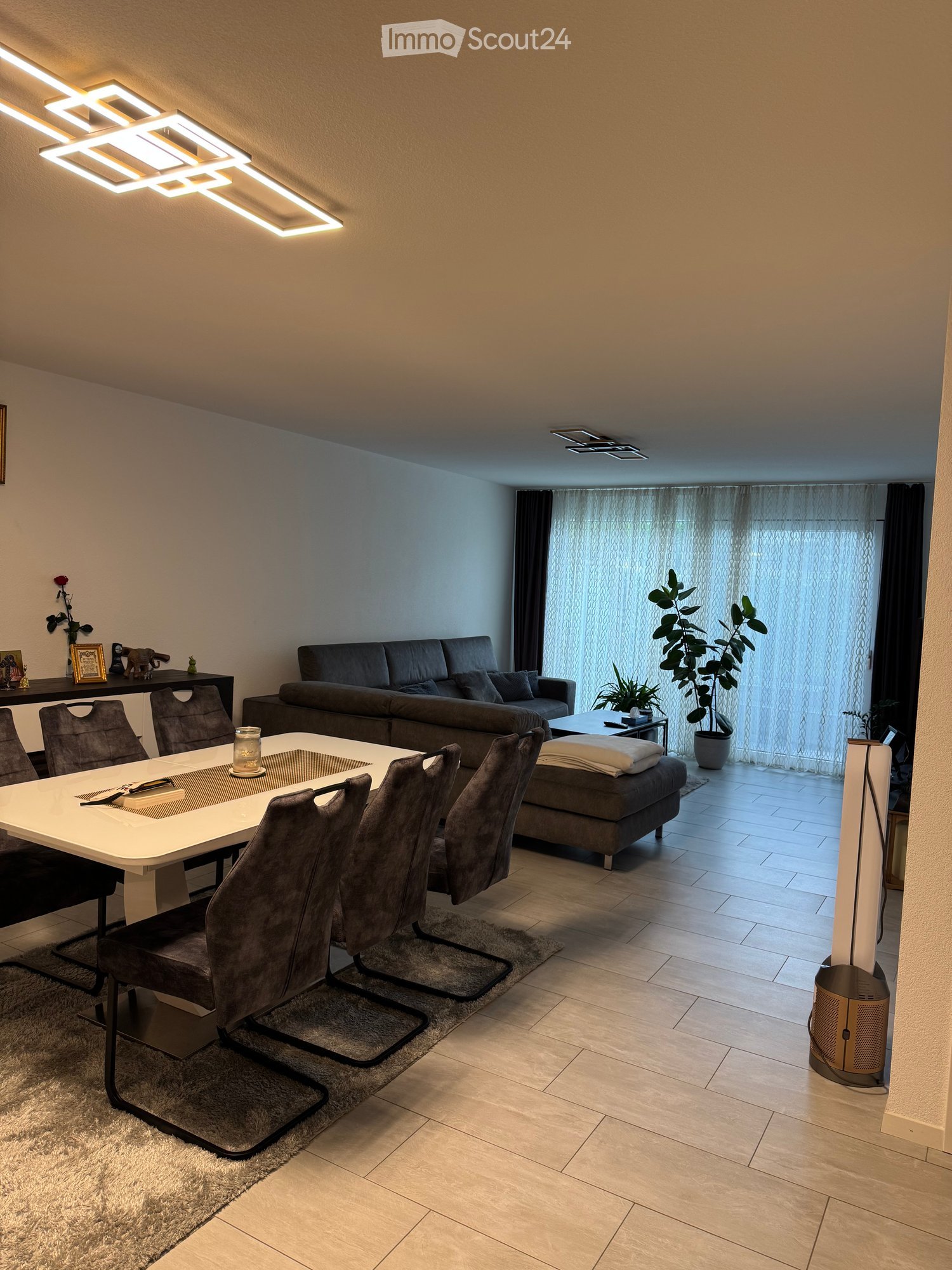 Modern living and dining area with a grey sofa, ottoman, dining table with chairs, side table, and decorative plants.