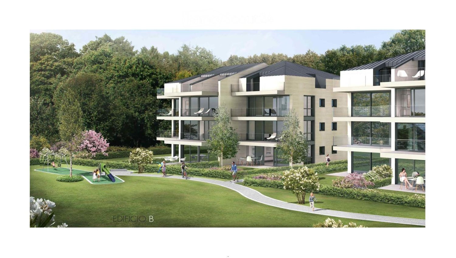 Modern multi-story residential building with large windows and balconies, surrounded by a landscaped garden with pathways, trees, and outdoor seating areas.