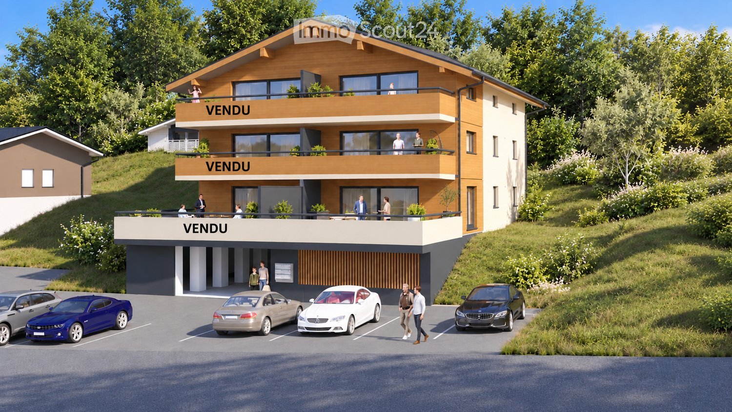 Modern two-story house with balconies, large windows, and a parking area with several cars.