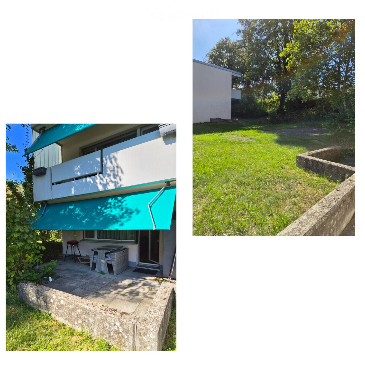 Modern two-story house with white and teal exterior, large windows, and a raised ground floor. Includes a patio with outdoor furniture and a well-maintained lawn.