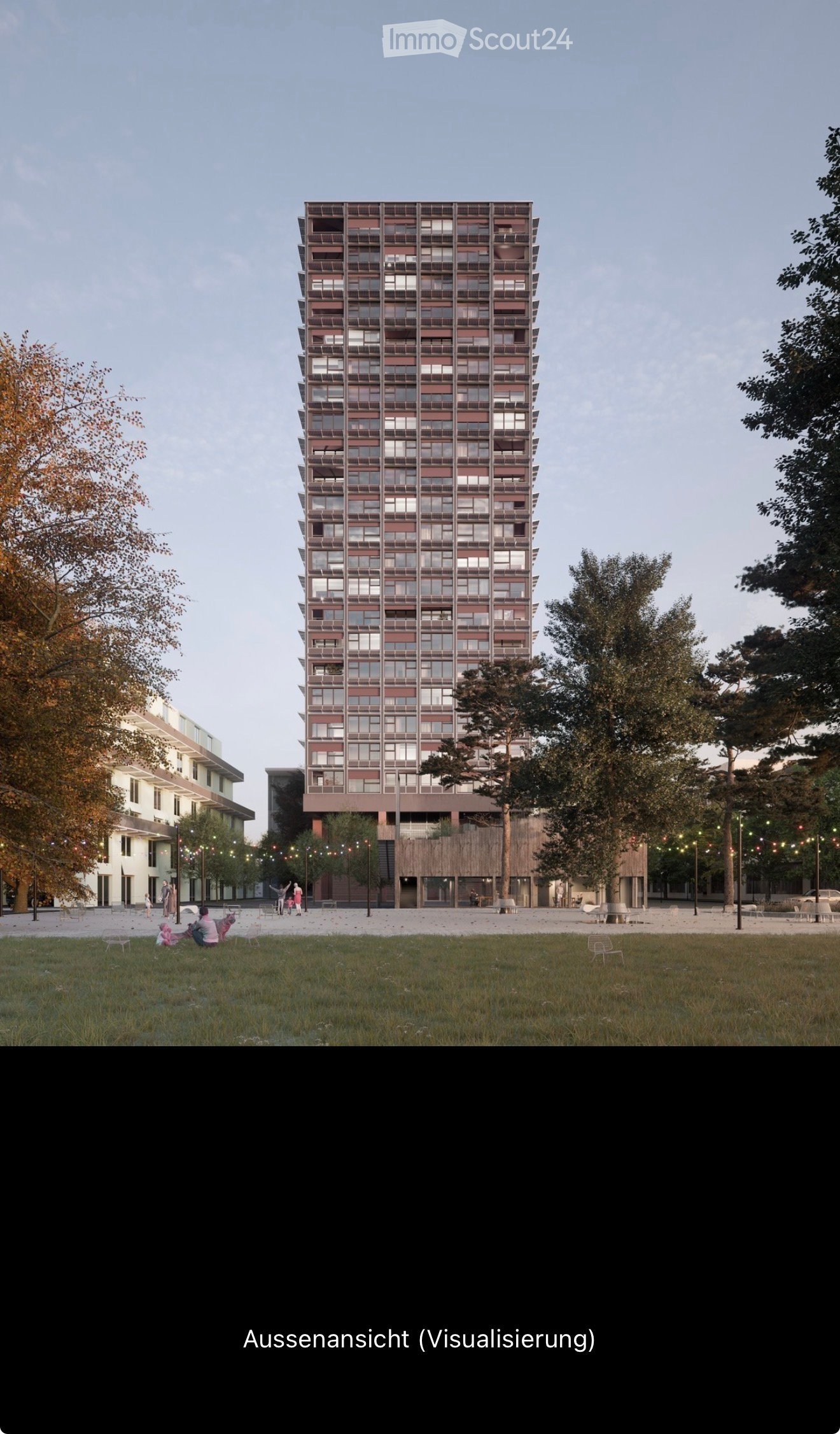 A modern high-rise building with a grid-like facade, surrounded by trees and a grassy area with people sitting and walking.