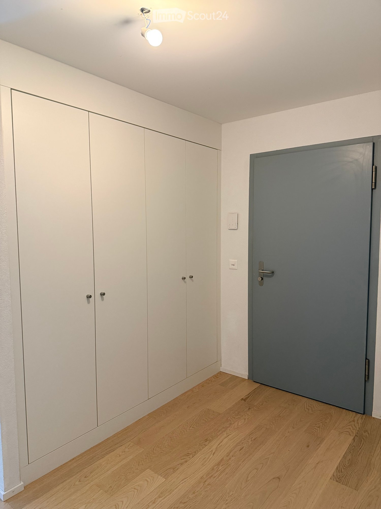 Empty room with light wooden flooring, white walls, built-in white cabinets, and a grey door.