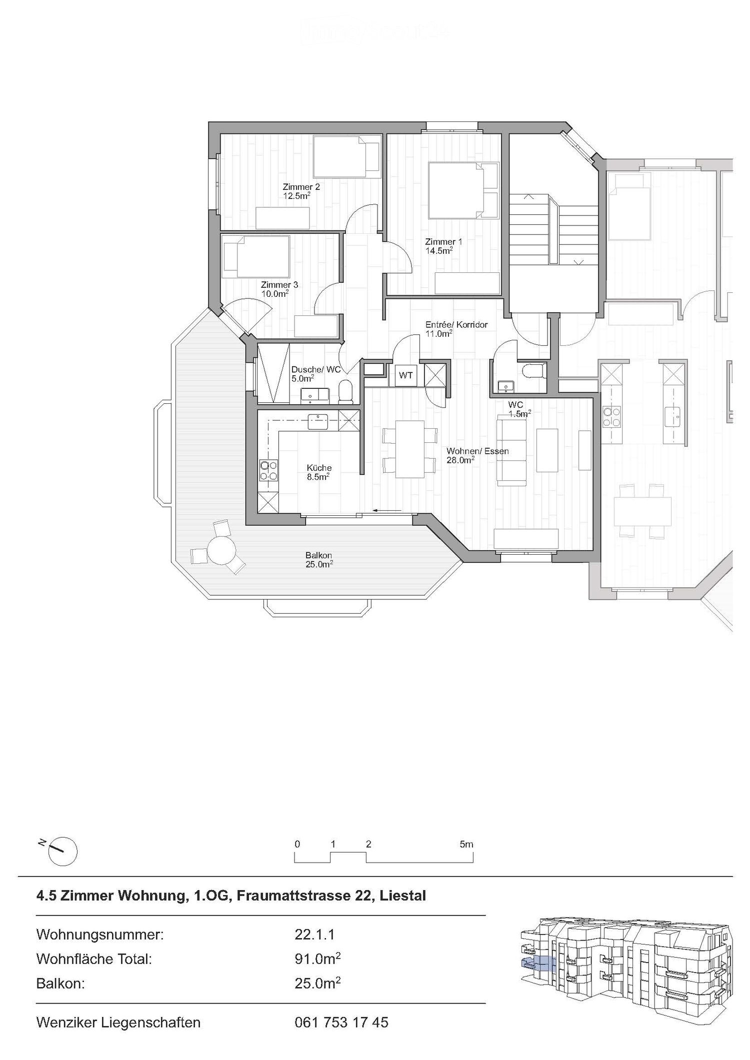 Floor plan of a 4.5-room apartment on the first floor, including three bedrooms, a kitchen, a living/dining area, a bathroom, a separate WC, and a balcony.