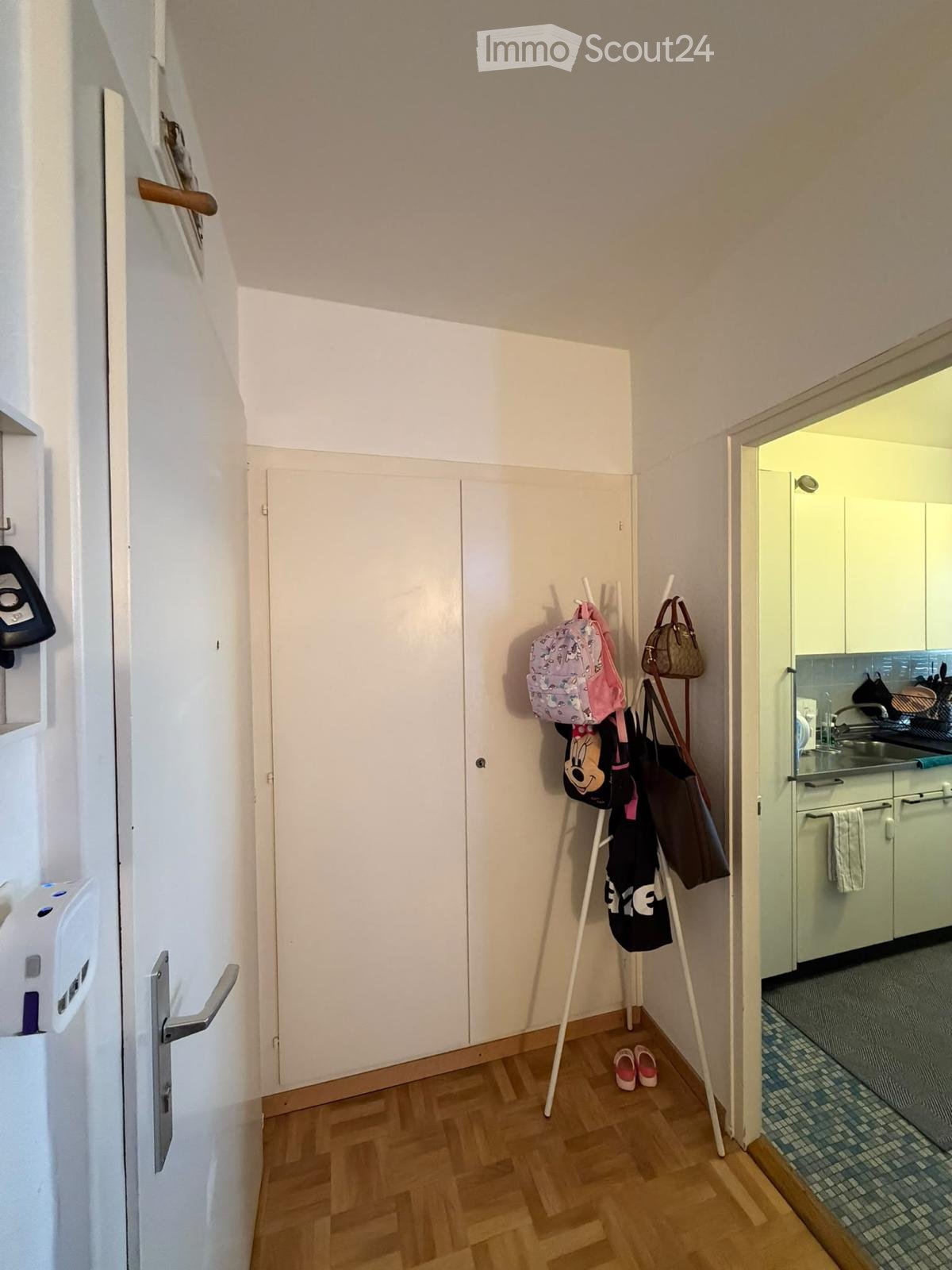 A narrow hallway with wooden flooring, white walls, and a coat rack holding several bags and shoes. A door leads to a kitchen area with light-colored cabinets and a sink.