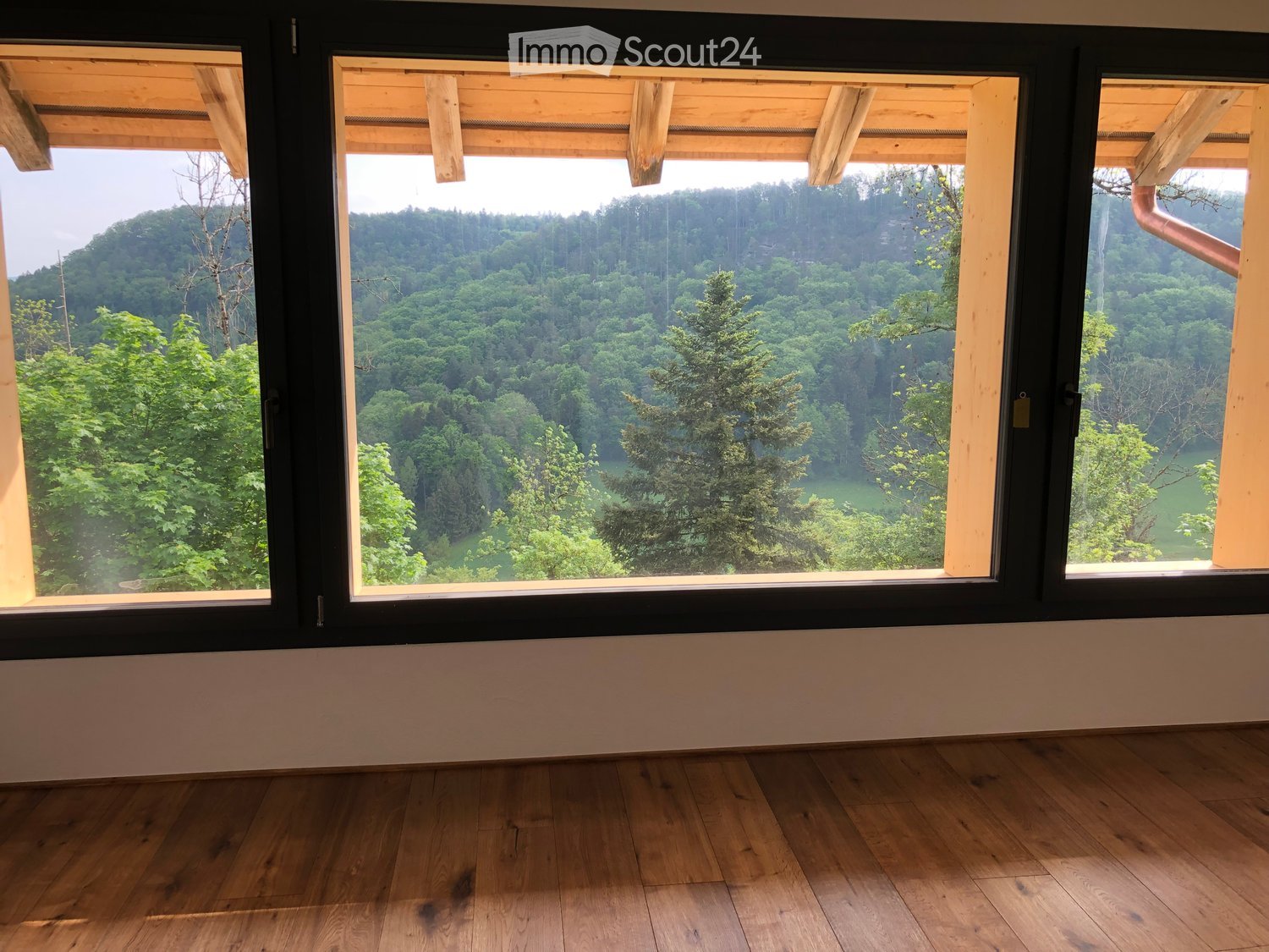 Empty room with wooden flooring and large windows offering a scenic view of a forested landscape and mountains.