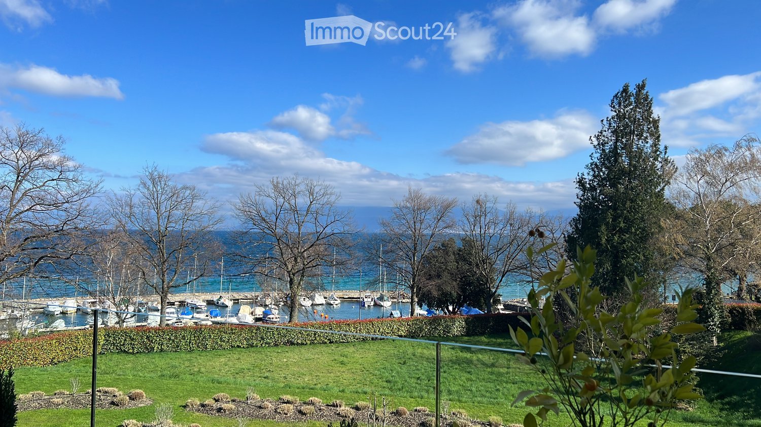 View of a marina with sailboats and yachts docked, surrounded by trees and a grassy lawn, with a clear blue sky and water in the background.