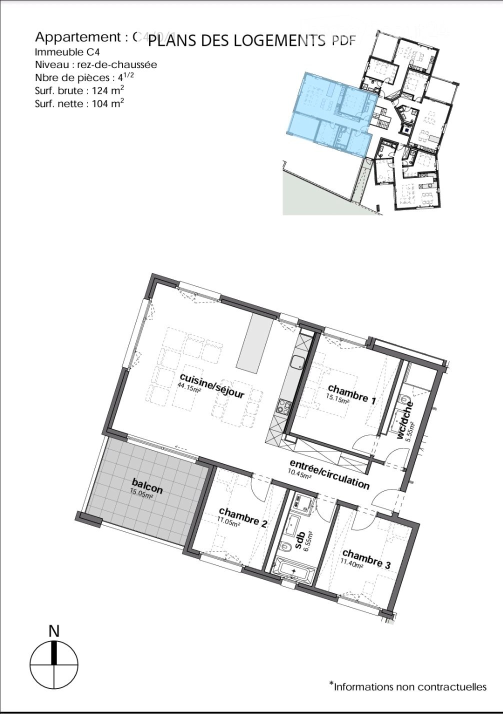 Floor plan of a 4.5-room apartment on the ground floor, featuring a kitchen/living area, three bedrooms, a balcony, and a hallway.