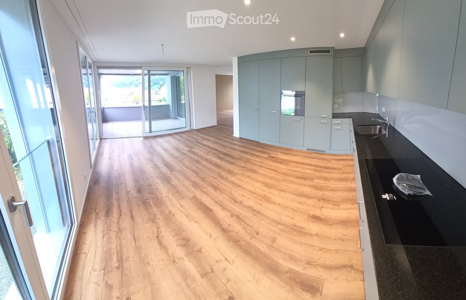 Empty room with light wooden flooring, large windows, and a modern kitchen area with light grey cabinets and a black countertop.