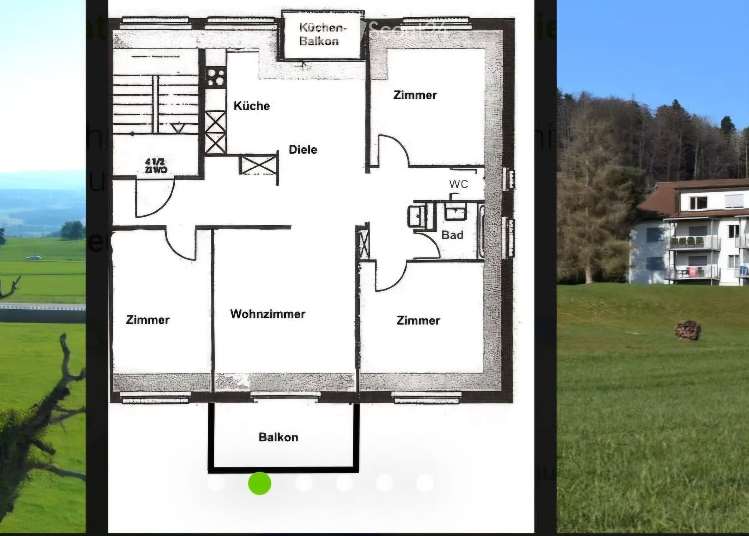 Floor plan of a 4-room apartment with a kitchen, living room, two bedrooms, bathroom, and balcony.