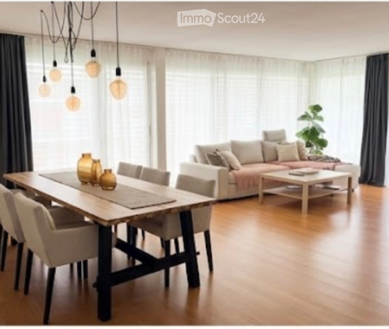 Bright living and dining area with wooden flooring, large windows, a sofa, coffee table, dining table with chairs, and decorative vases.