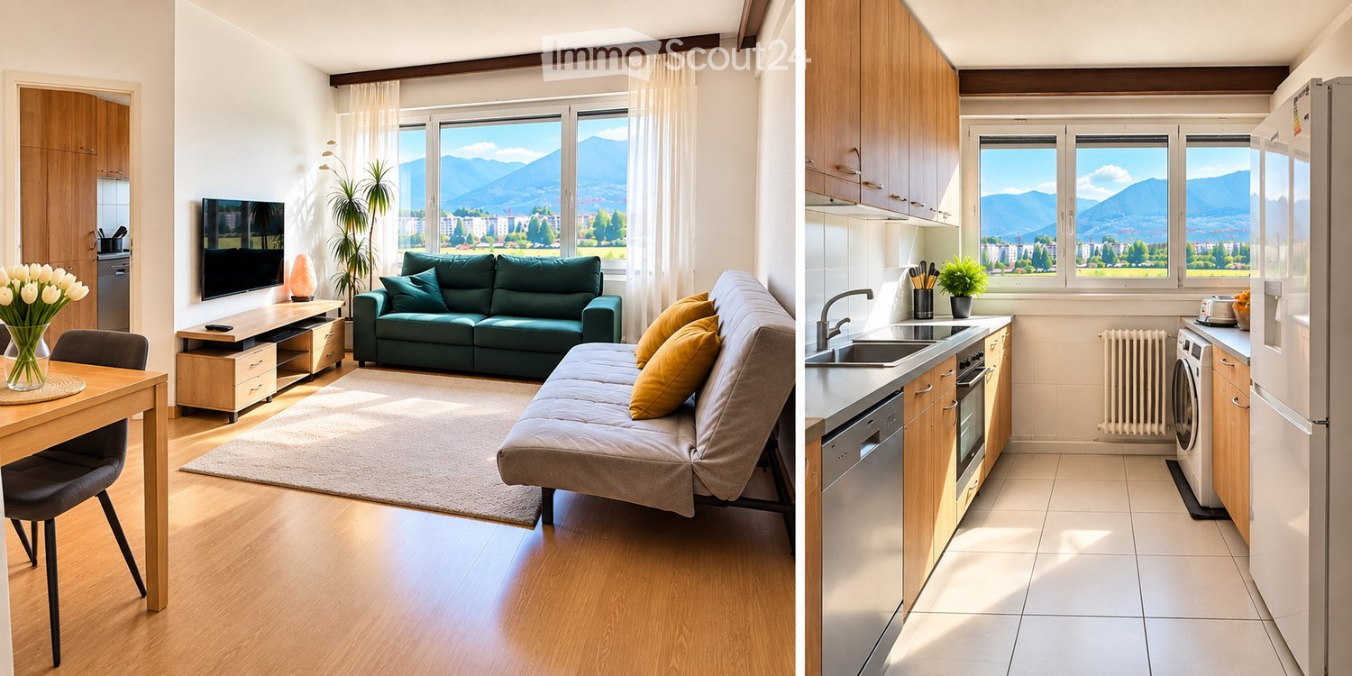 Bright living and dining area with a green sofa, sofa bed, wooden dining table, and TV. Kitchen features modern cabinets, stainless steel appliances, and a scenic mountain view.