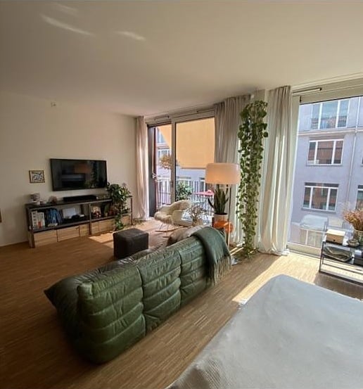 Bright living room with large windows and a balcony, featuring a green sectional sofa, coffee table, armchair, side table, floor lamp, TV, and indoor plants.