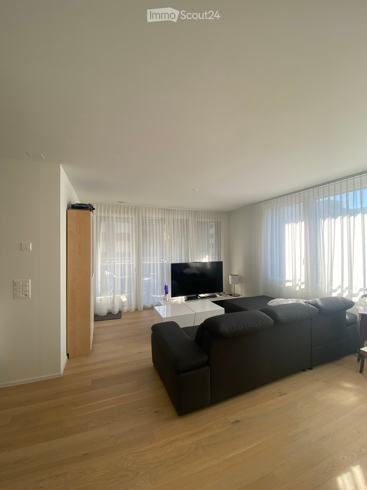 Modern living room with wooden flooring, large windows with sheer curtains, a dark-colored sectional sofa, a white coffee table, a television, and a small lamp on a side table.
