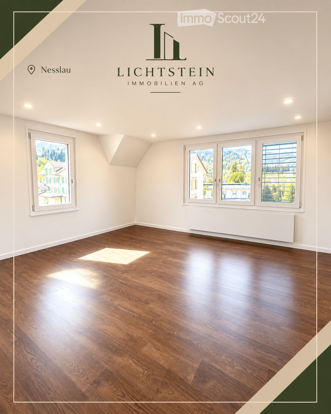 Empty room with wooden flooring, white walls, large windows, and recessed lighting. No furniture or equipment present.