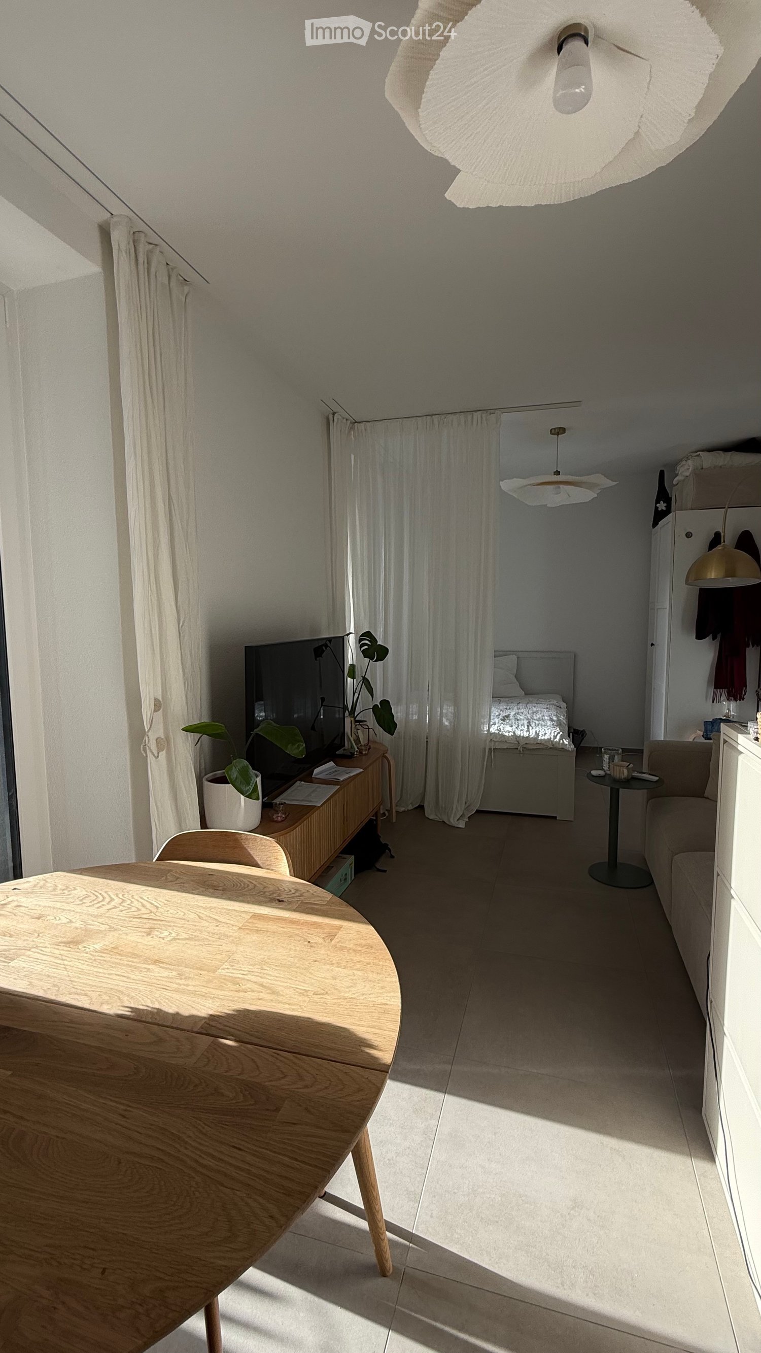 A modern, open-concept living and dining area with a round wooden dining table, chairs, a sofa, a bed, a television, and a plant. The space features large windows with curtains and modern lighting fixtures.
