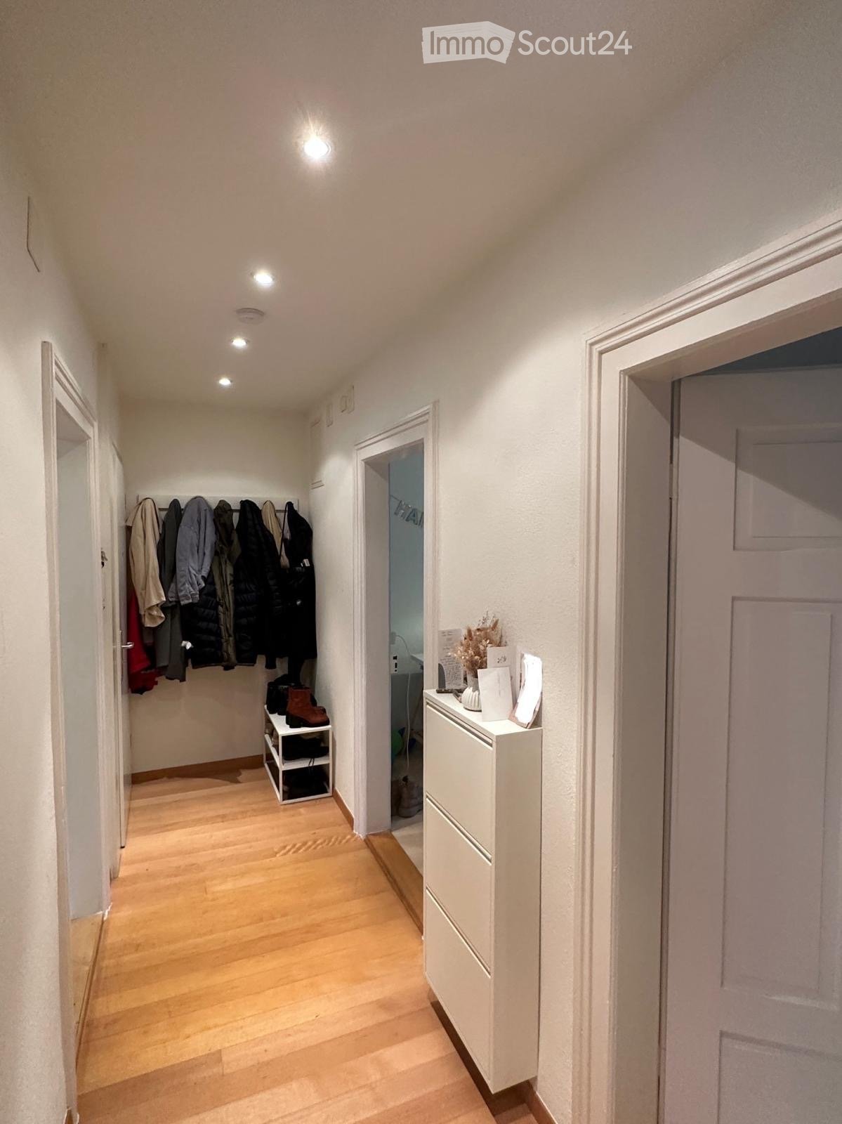A narrow hallway with wooden flooring, white walls, and recessed lighting. Features include a coat rack with jackets, a small shoe shelf, and a white console table with decorative items.