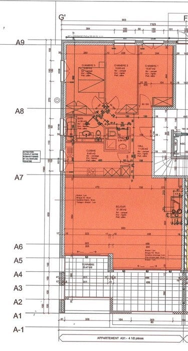Floor plan of an apartment labeled A51, showing multiple rooms including chambers, a living room, kitchen, and bathrooms. Dimensions and labels are marked throughout.