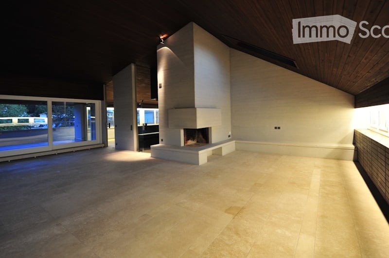 Open-concept space with a raised fireplace, large windows, and wooden ceiling beams. The floor is tiled, and the walls are white.