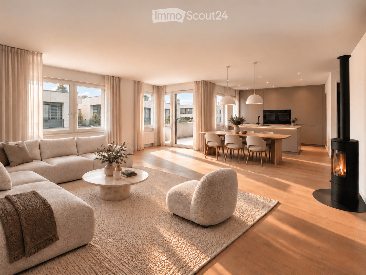 Modern living and dining area with a sectional sofa, coffee table, armchair, dining table with chairs, kitchen island, pendant lights, and a fireplace. Large windows and sliding doors lead to a balcony.