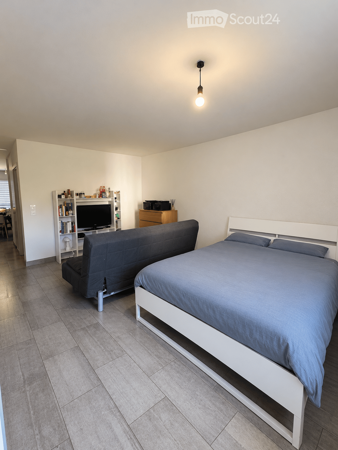 Modern bedroom with a white bed, grey sofa, television on a bookshelf, and a hanging light fixture.
