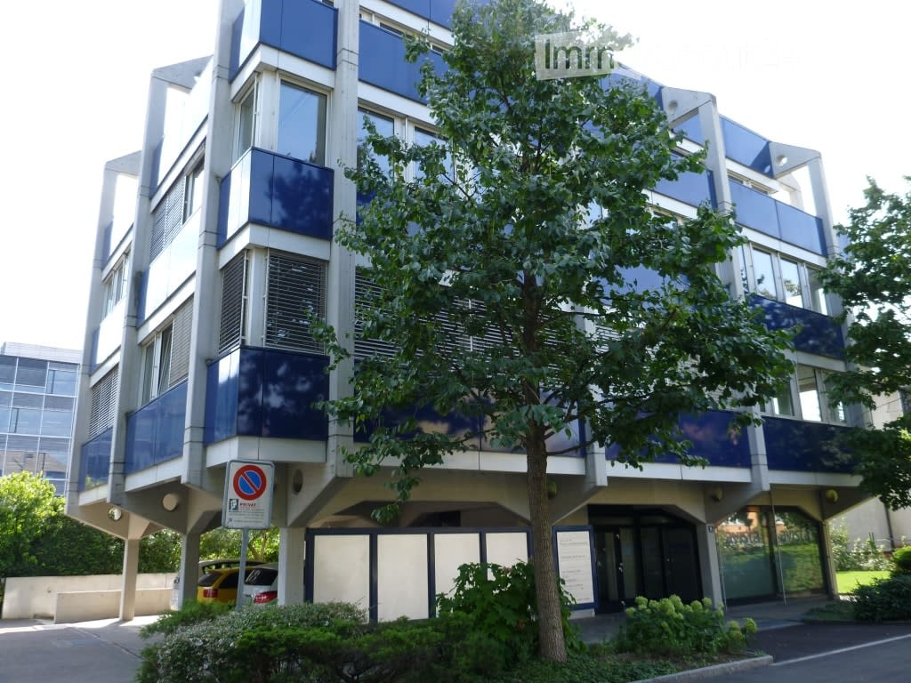 multi-story building, blue and white walls, large windows, parking place