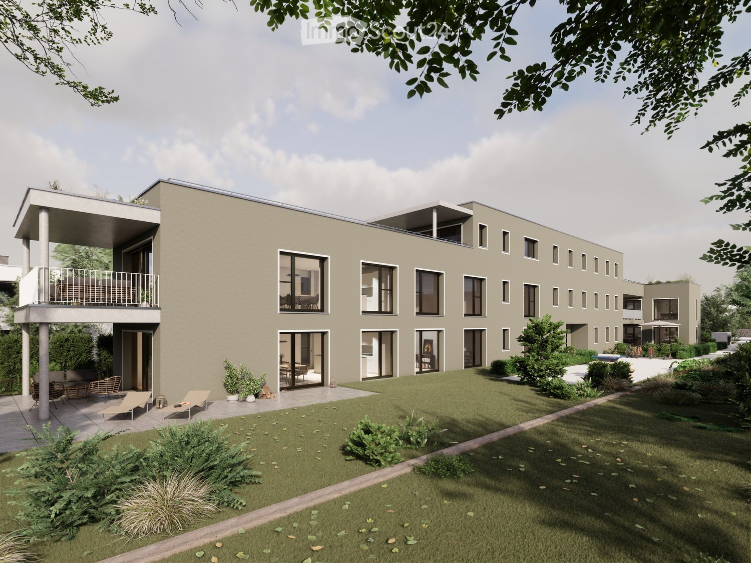 Modern two-story building with a flat roof, large windows, and a spacious garden area with lounge chairs and a pathway.
