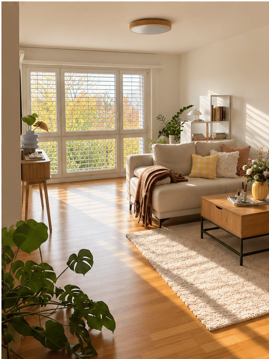 Bright living room with large windows, beige sofa, coffee table, side table, floor lamp, bookshelf, and plants.