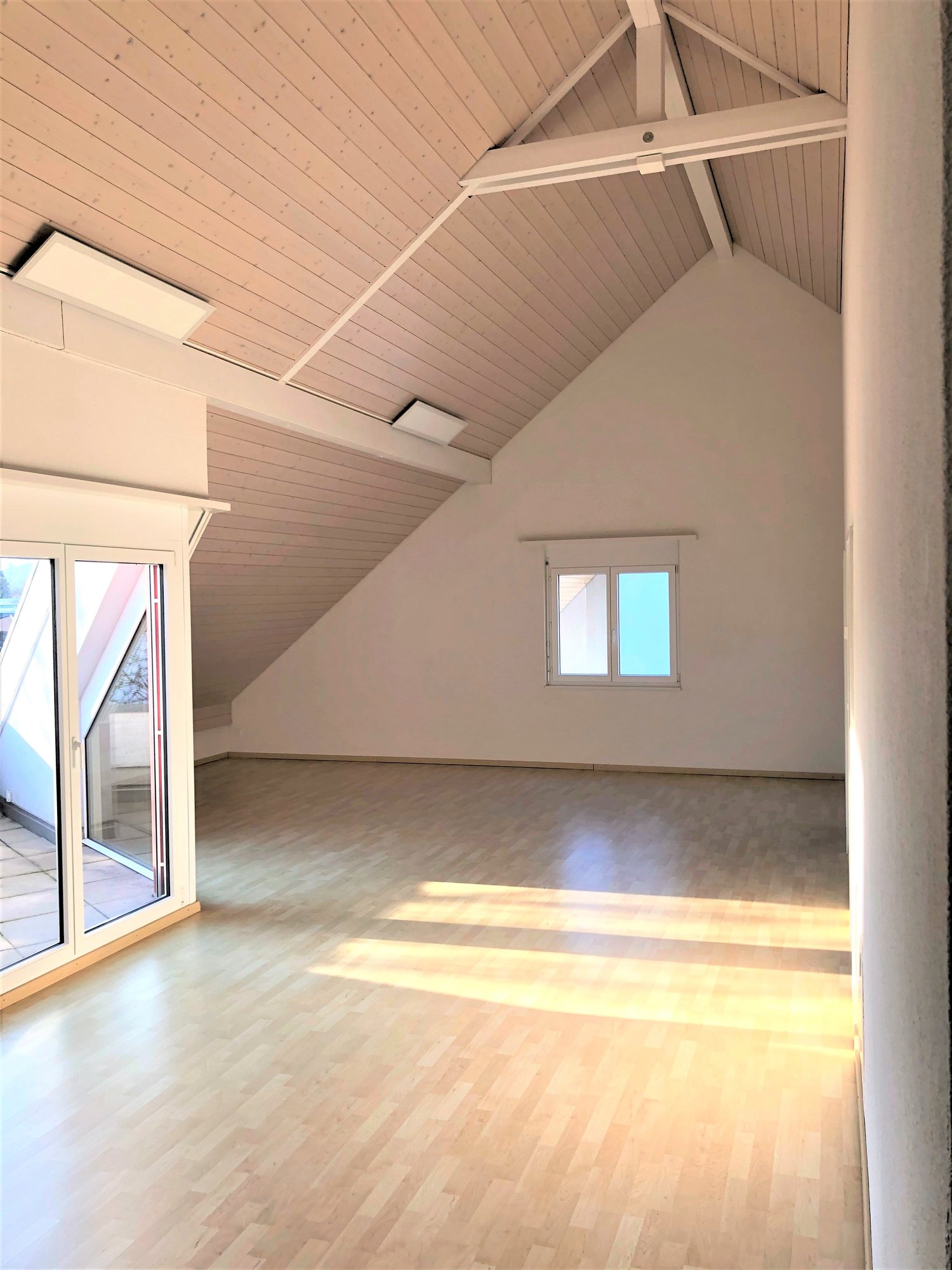 Spacious bedroom with vaulted ceiling, wood paneling, and large window providing natural light. The room has a hardwood floor and appears to be part of an attic or loft conversion.