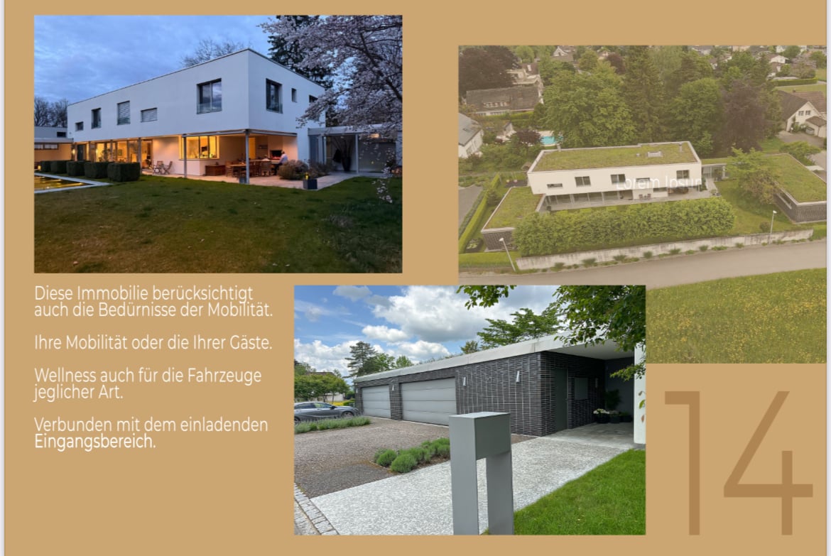 Modern two-story house with a flat roof, large windows, and a garage. The house is surrounded by a well-maintained lawn and landscaping. There is also a separate garage building on the property.