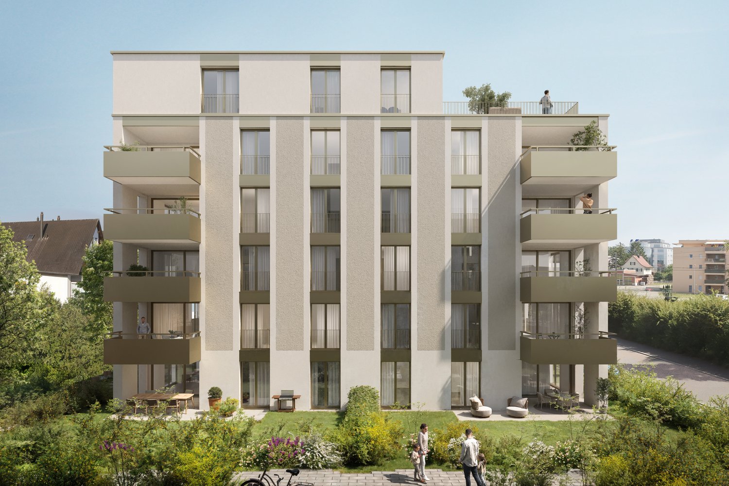 modern apartment building with large windows, balconies on all floors, well-maintained garden with seating areas