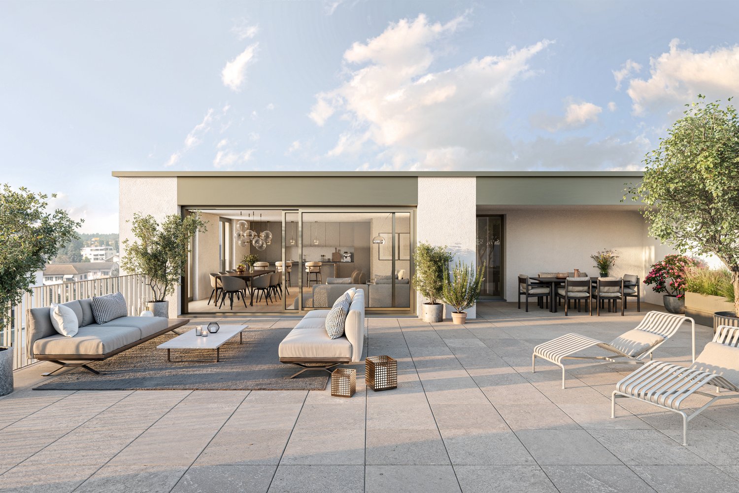 Modern and spacious outdoor terrace, featuring two sofas, a coffee table, lounge chairs, and a dining set with a table and chairs. Plants and trees provide a lush and inviting ambiance. The area enjoys a scenic view of the city in the distance.