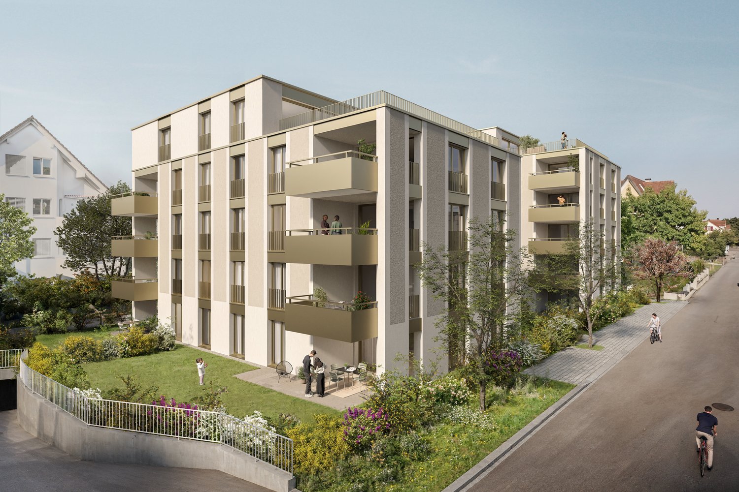 4 story apartment building, multiple balconies, landscaped front yard, pathway for pedestrians